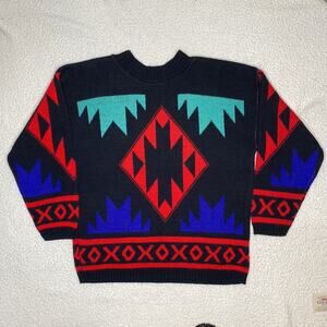Vintage Spring Season Colorful Geometric Sweater red black Aztec Apres ski